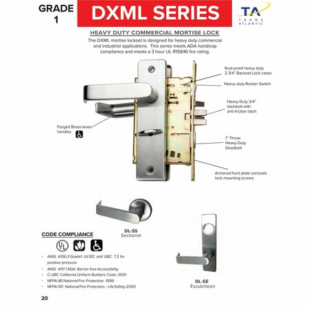 Trans Atlantic Co. Left Handed Gr. 1 Commercial Hvy Dty Mortise Lock in Satin Chrome-Passage Function w/Sectional Lever DL-DXML10SSLH-US26D